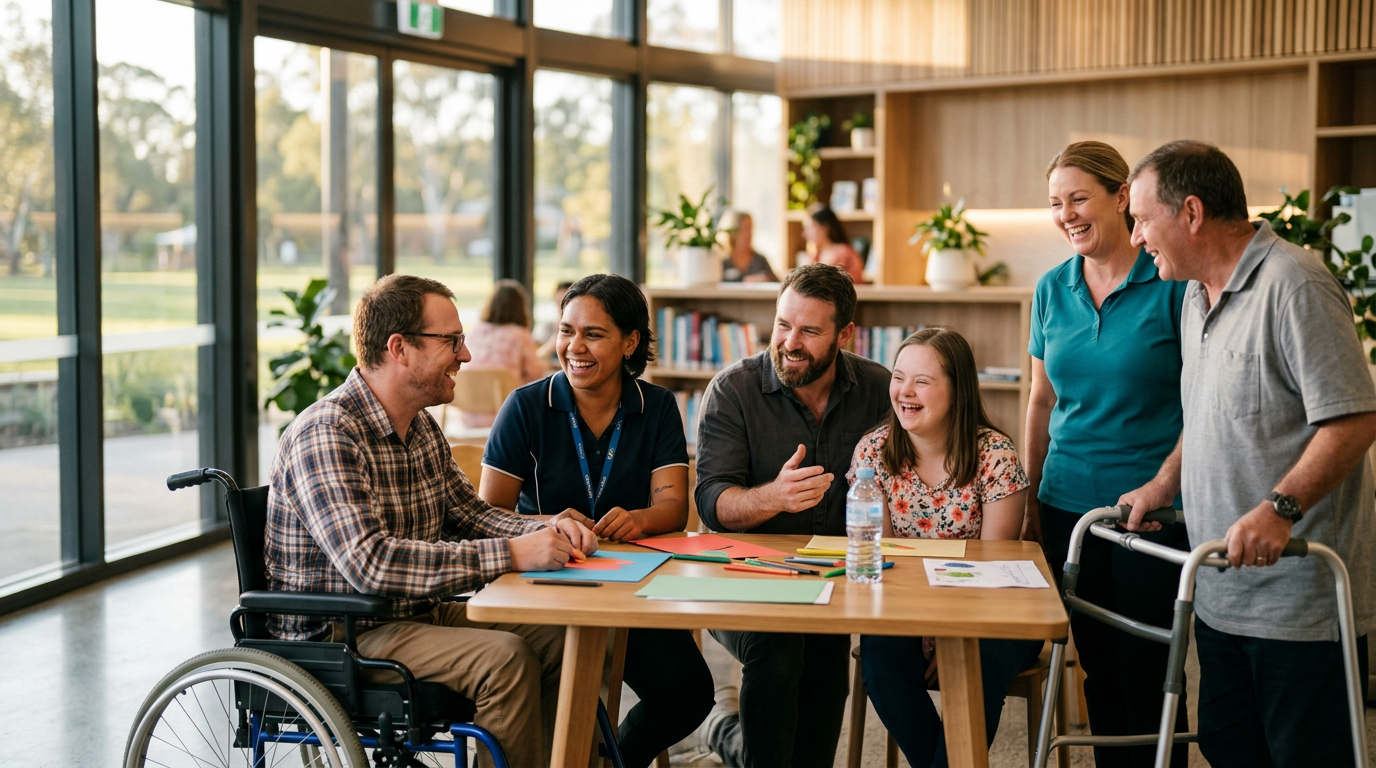Diverse disability support team and participants collaborating in a bright community space