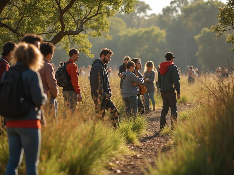 Community participation activities in Australian park with diverse group