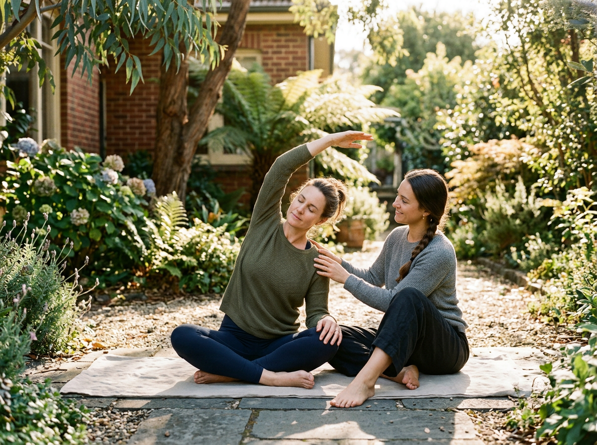 Person engaged in holistic wellness activities like yoga in bright Australian studio space