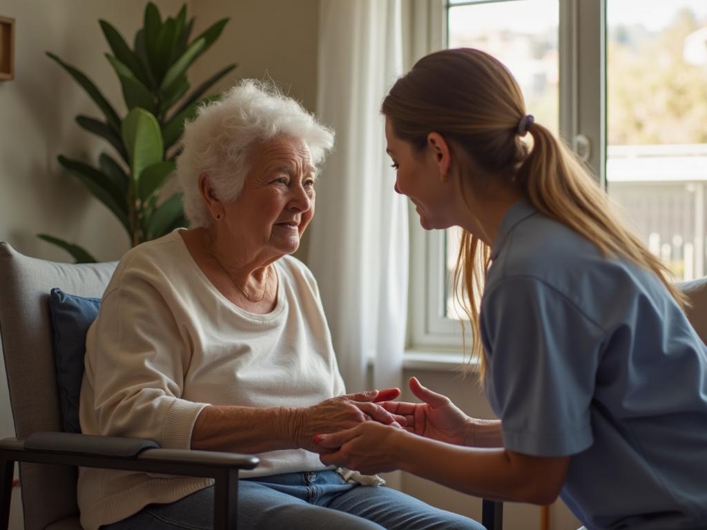 Support worker assisting with personal care activities in home setting