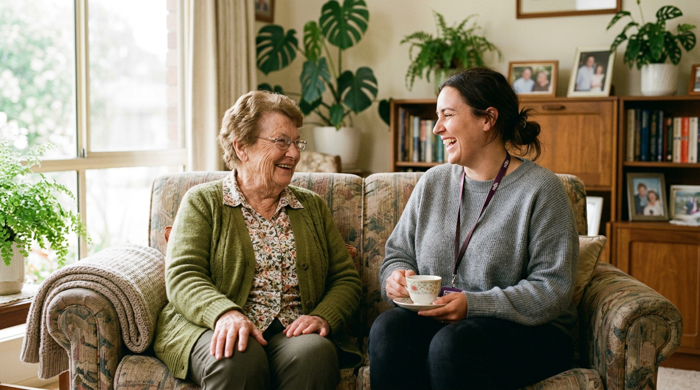NDIS support worker helping a participant review resources at a community office