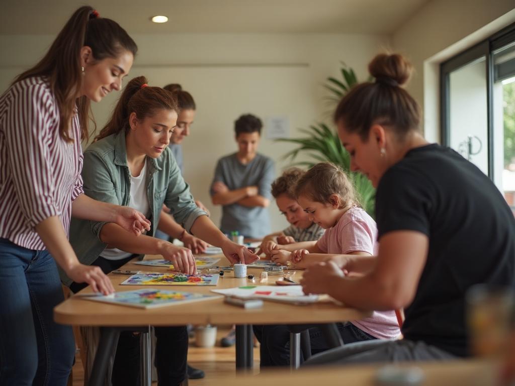 Group social activities in community center with diverse participants