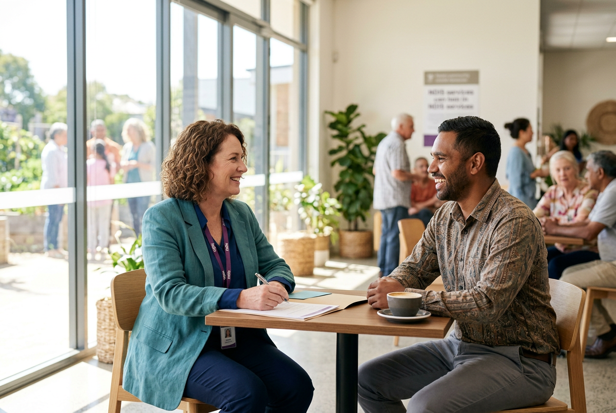 NDIS social worker supporting a participant in a bright community centre