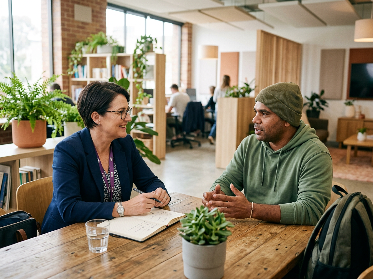 Social worker in a recovery coaching session with an NDIS participant
